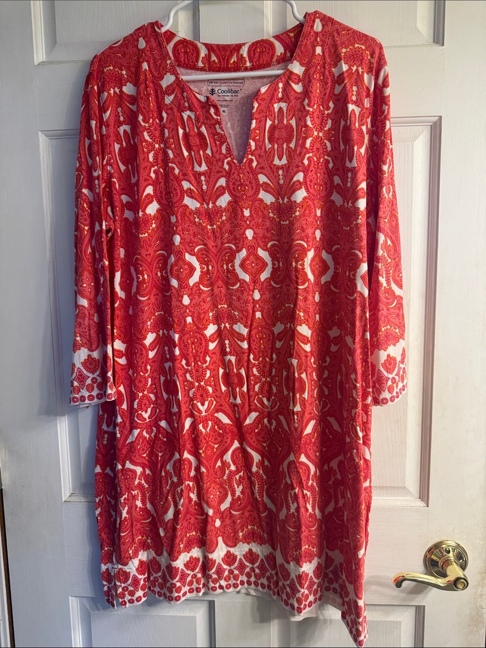 Coolibar Coral and White Paisley-Print V-Neck Tunic
